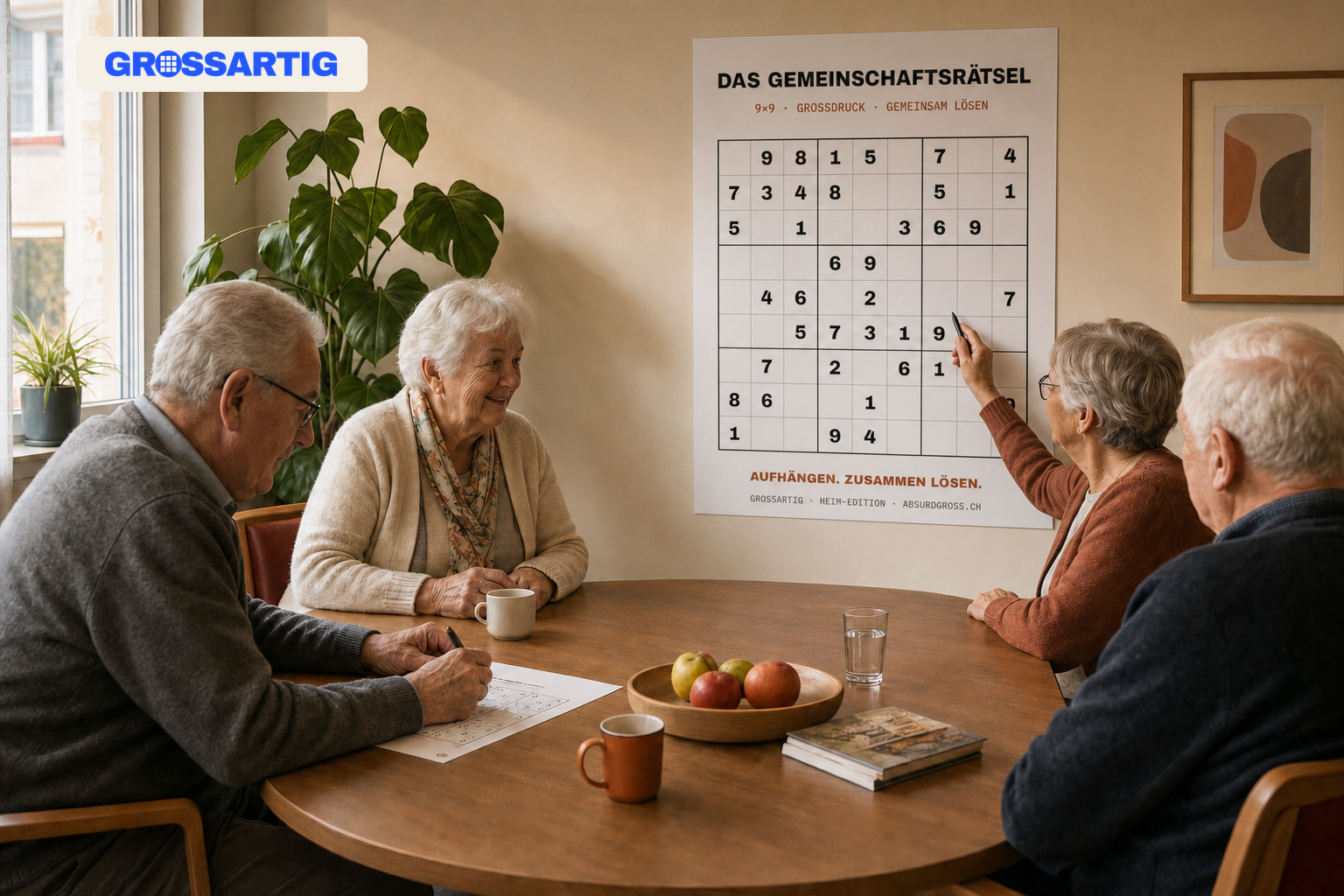 Gemeinsam rätseln im Heim: das Grossdruck-Poster für den Aufenthaltsraum