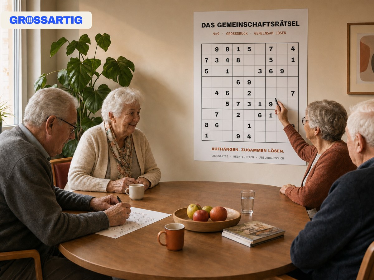 Gemeinsam rätseln im Heim: das Grossdruck-Poster für den Aufenthaltsraum