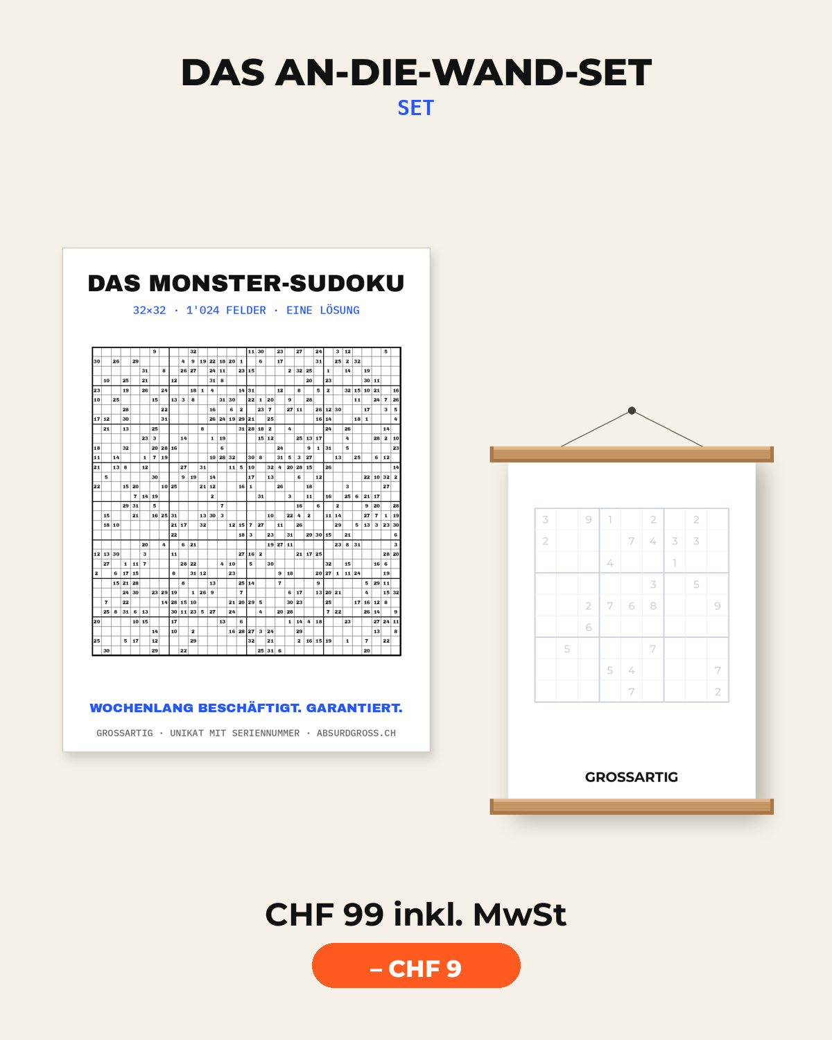 Das An-die-Wand-Set — Rätsel-Poster an einer hellen Wohnzimmerwand
