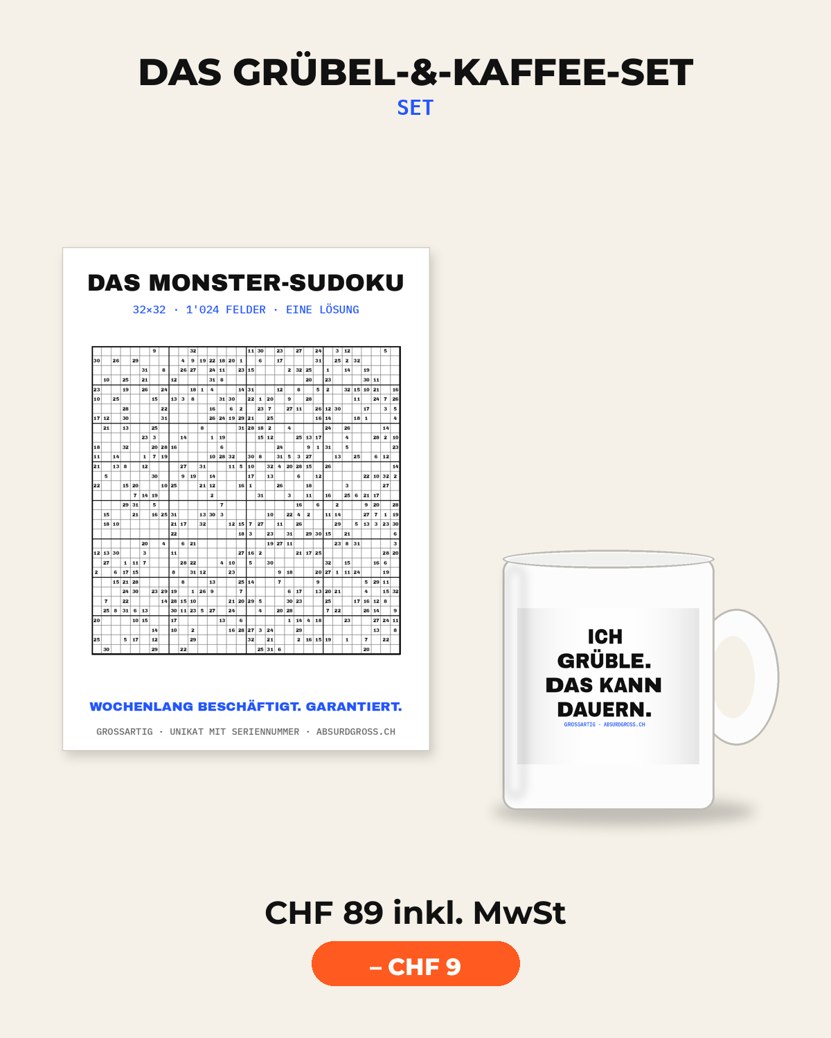 Das Grübel-&-Kaffee-Set — Rätsel-Poster an einer hellen Wohnzimmerwand