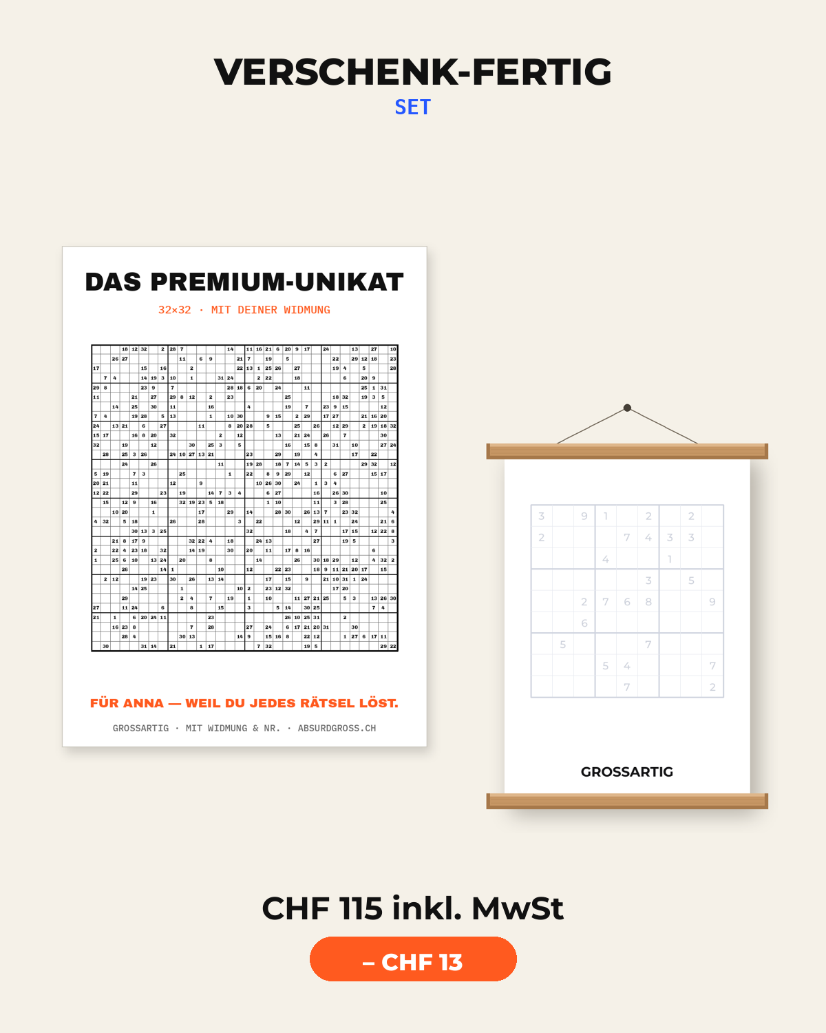 Verschenk-fertig — Rätsel-Poster an einer hellen Wohnzimmerwand