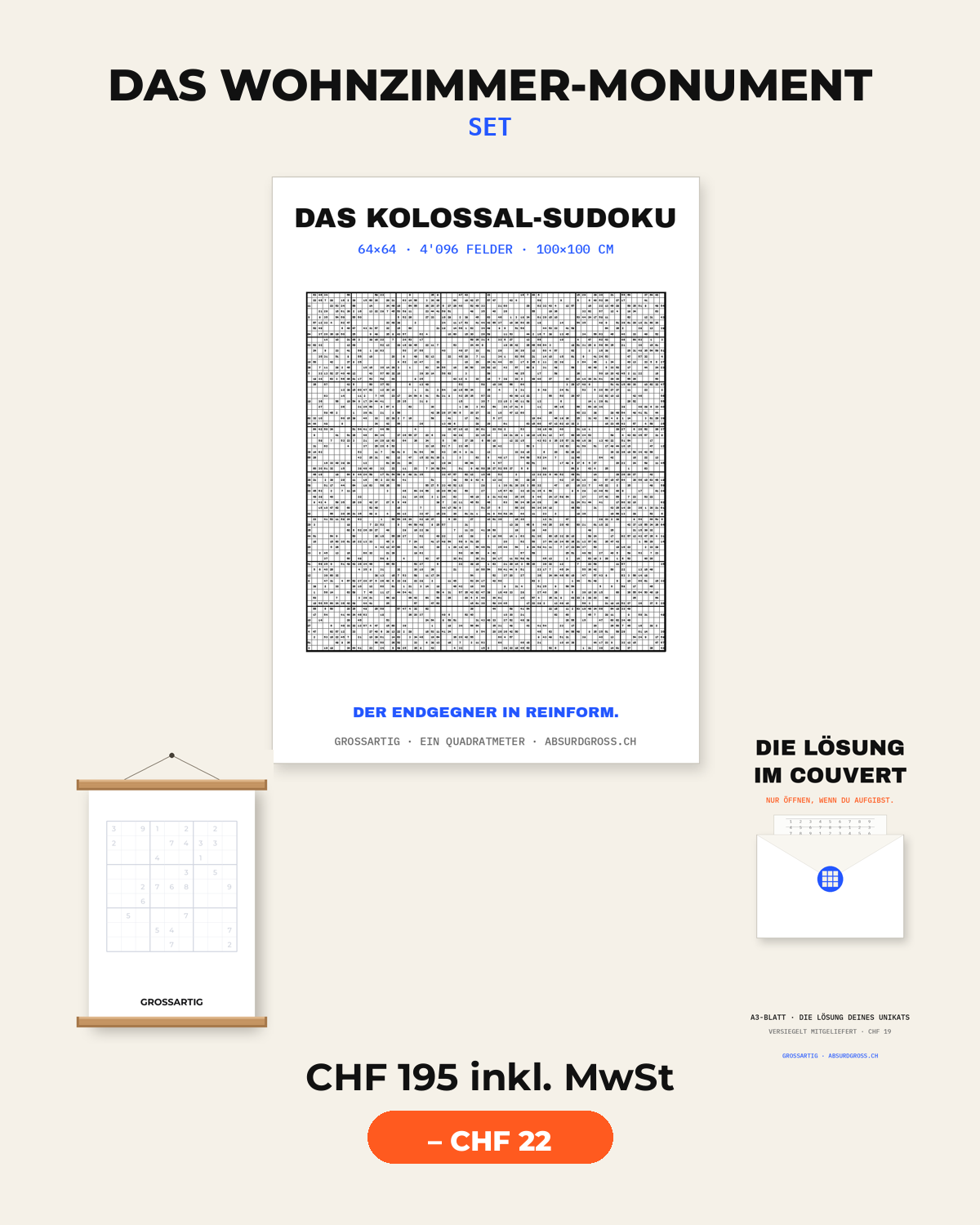 Das Wohnzimmer-Monument — Rätsel-Poster an einer hellen Wohnzimmerwand