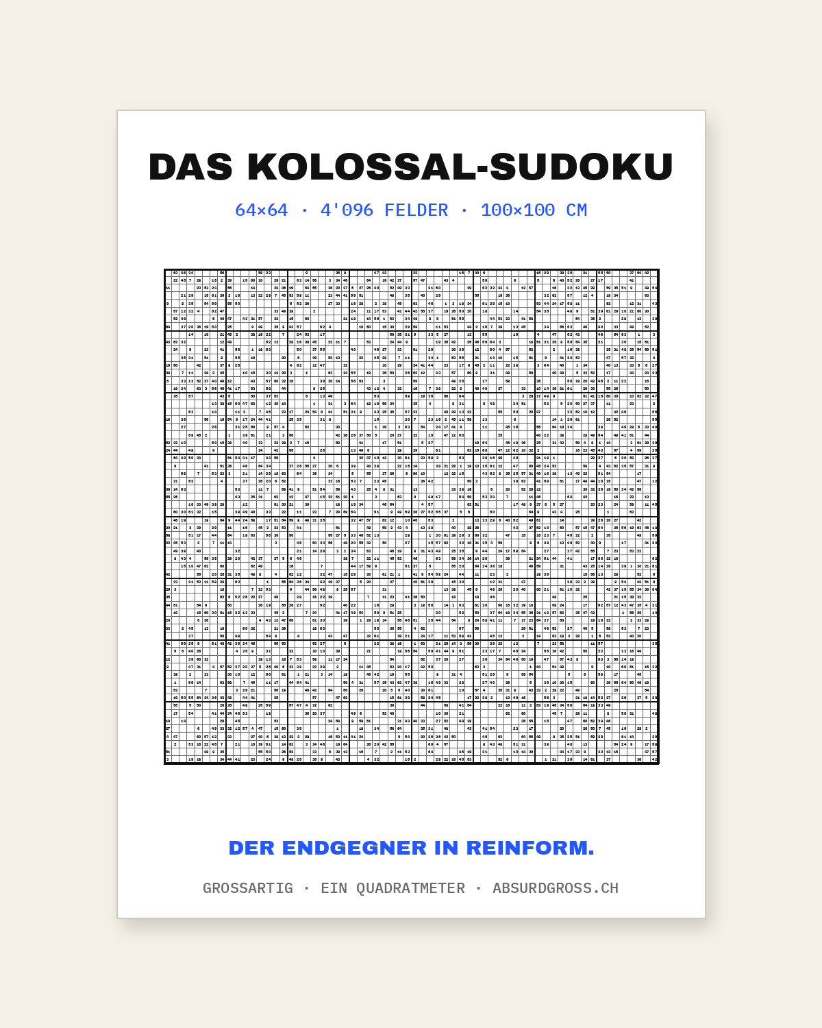 Das Kolossal-Sudoku — 100×100 cm Rätsel-Poster an einer hellen Wohnzimmerwand