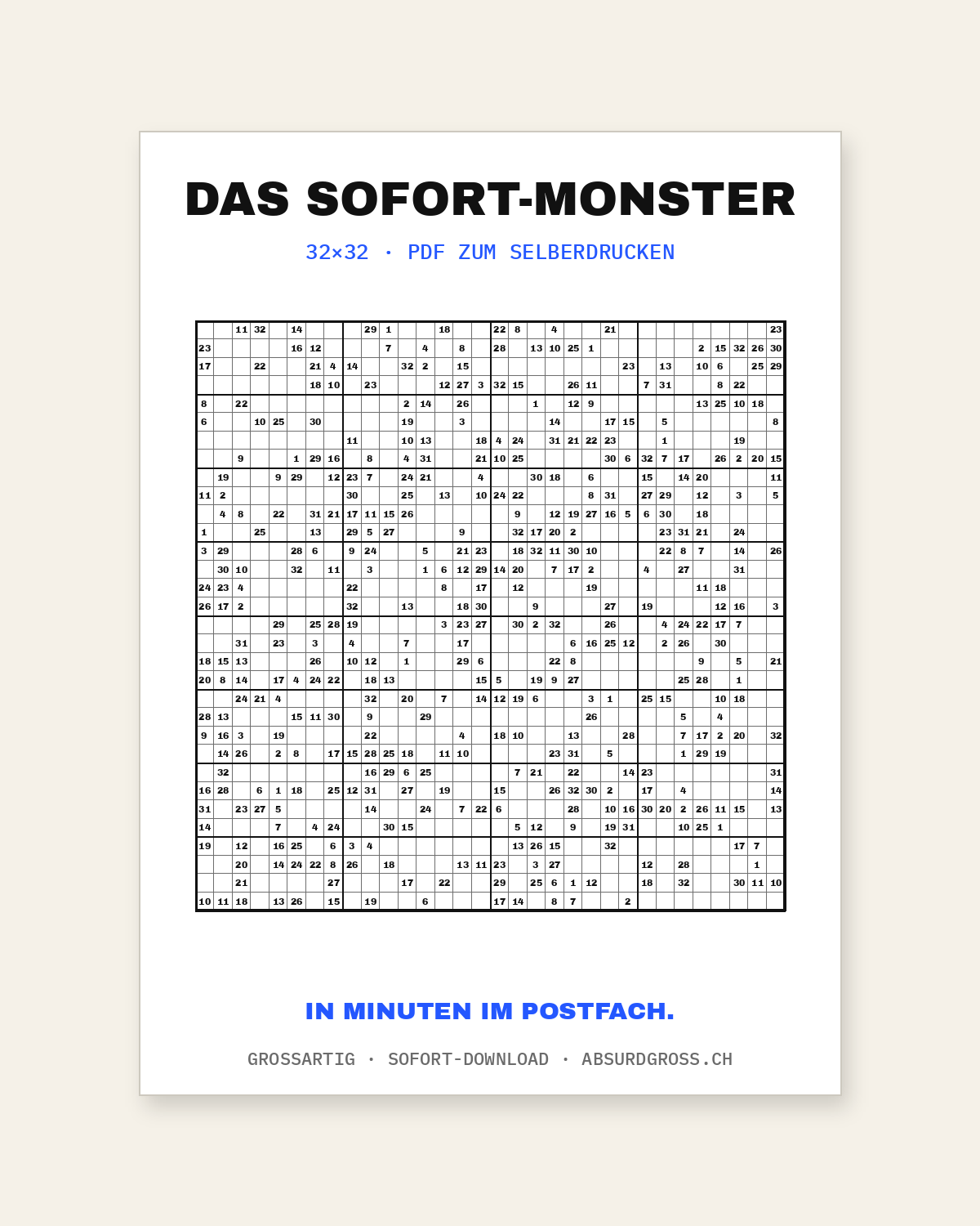 Das Sofort-Monster — Rätsel-Poster an einer hellen Wohnzimmerwand